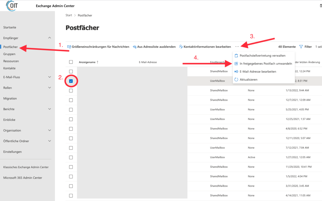 Benutzer-Postfach in ein freigegebenes Postfach umwandeln