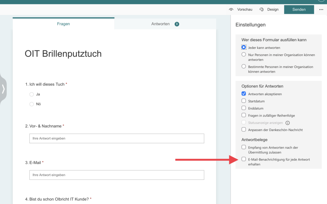 Microsoft Forms – E-Mail Benachrichtigung aktivieren