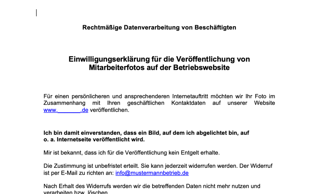 Einwilligungserklärung für die Veröffentlichung von Mitarbeiterfotos auf deiner Webseite