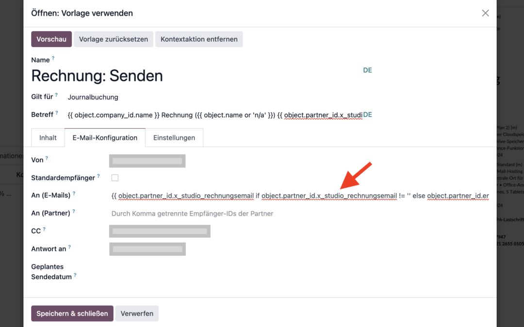 Bedingte E-Mail-Adressen in Odoo v17 E-Mail-Vorlagen